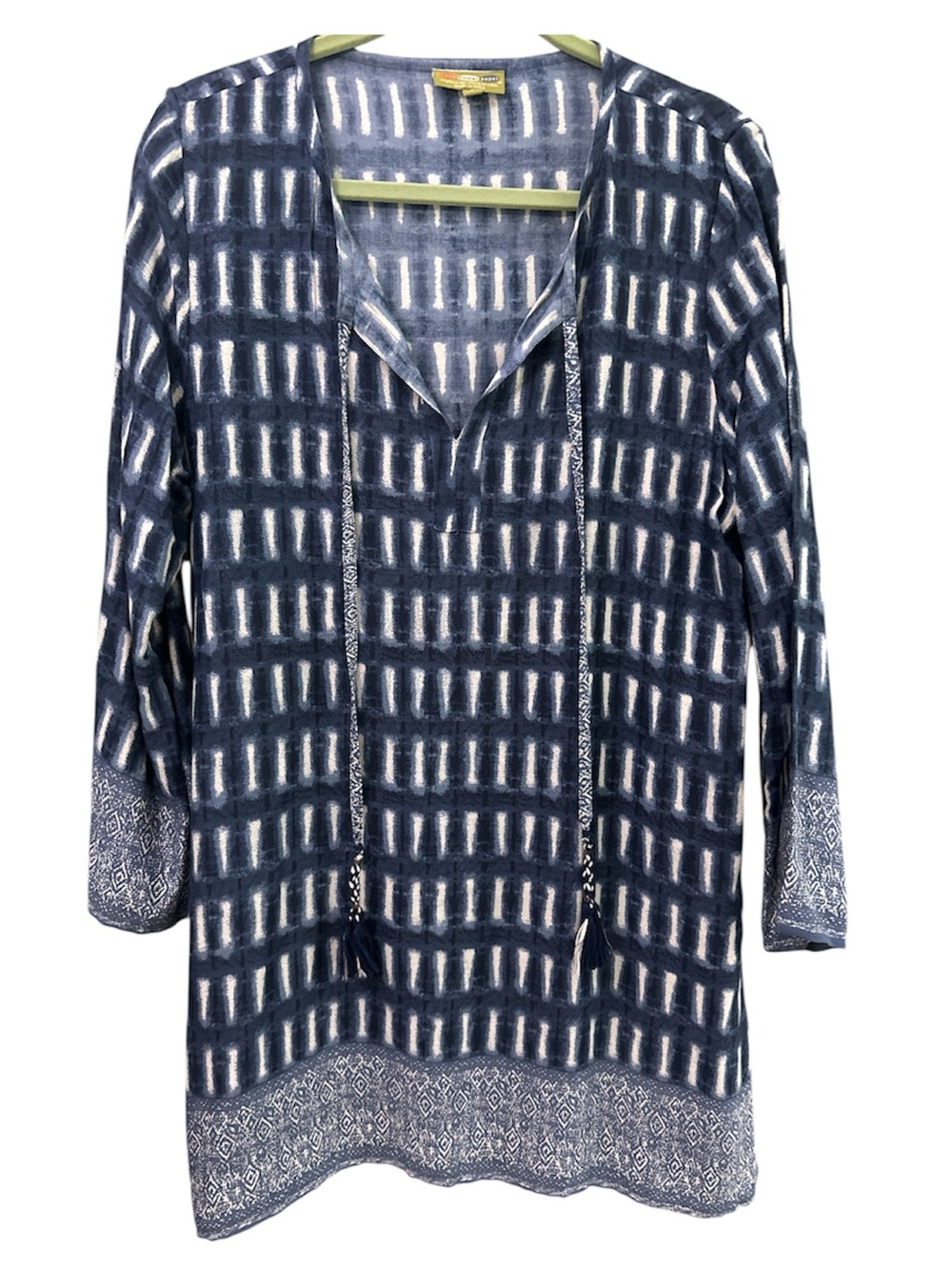 Rockflowerpaper Navy Patterned V-Neck Tunic with Tassel Ties Size L